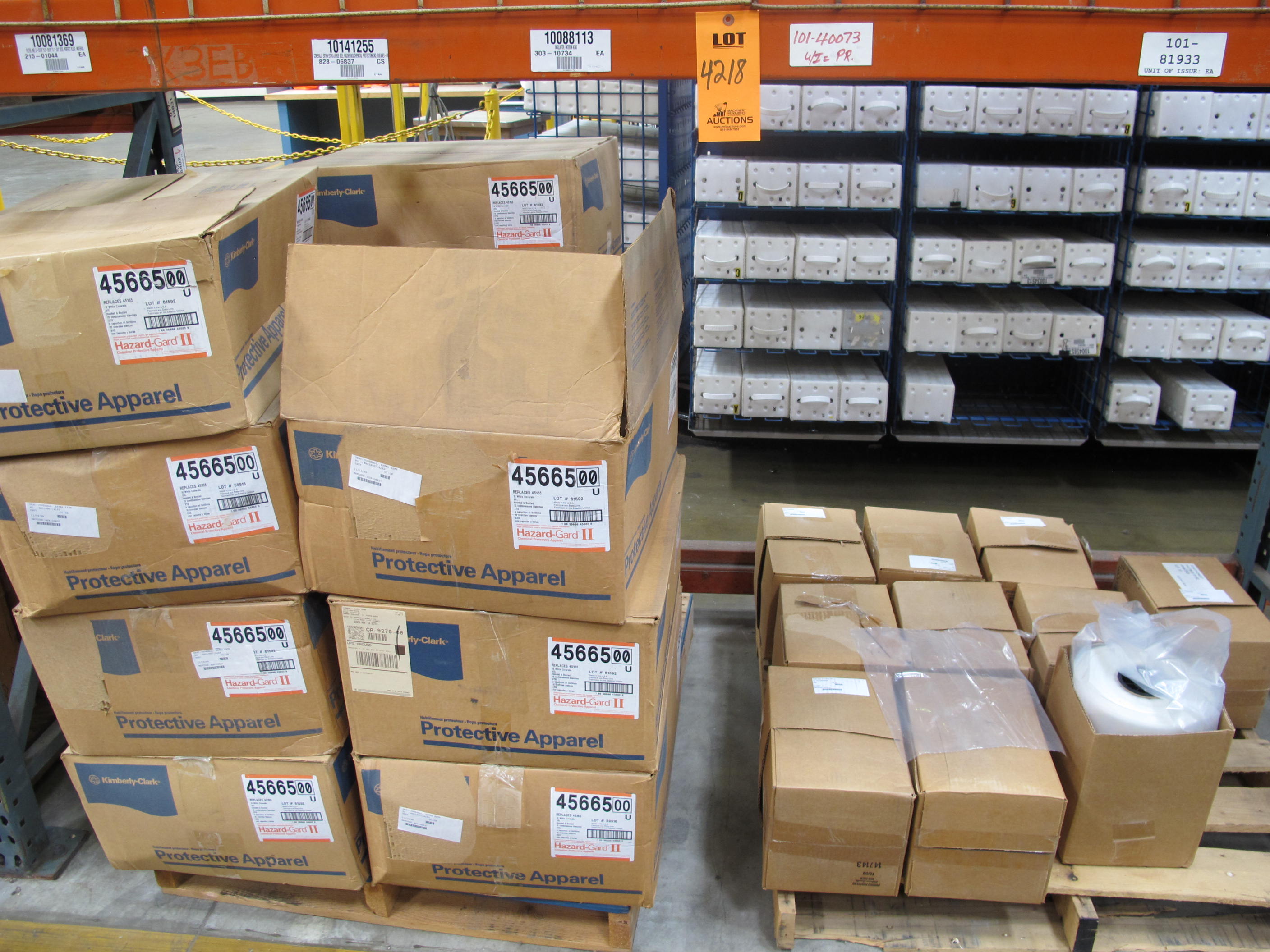 LOT TO INCLUDE: (132) COVERALLS, EXTRA EXTRA LARGE SIZE, HAZARDOUS/CHEMICAL PROTECTION KIND, SARANEX-LAMINATED POLYPROPYLENE W/TAPED SEAMS MATERIAL, WHITE COLOR, (10) BAGS, 12" X 16" X 2 MIL THICK SIZE, SAMPLE KIND, CLEAR PLASTIC MATERIAL. LOADING & HANDLING FEE $15-4218